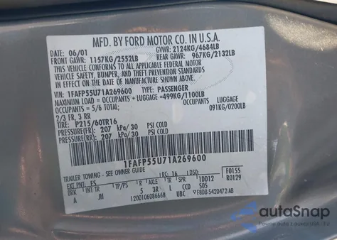 2001 Ford Taurus Ses z USA, uszkodzony, nr VIN 1FAFP55U71A269600